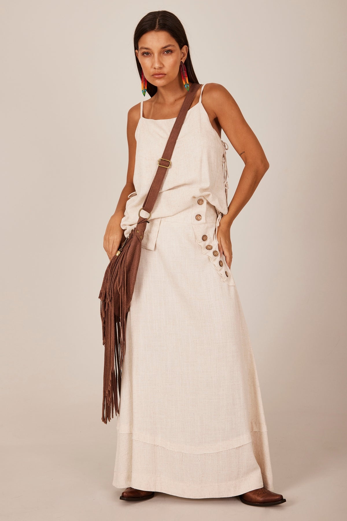 Long Linen Skirt with Buttons Beige Yacamim A19 Plain