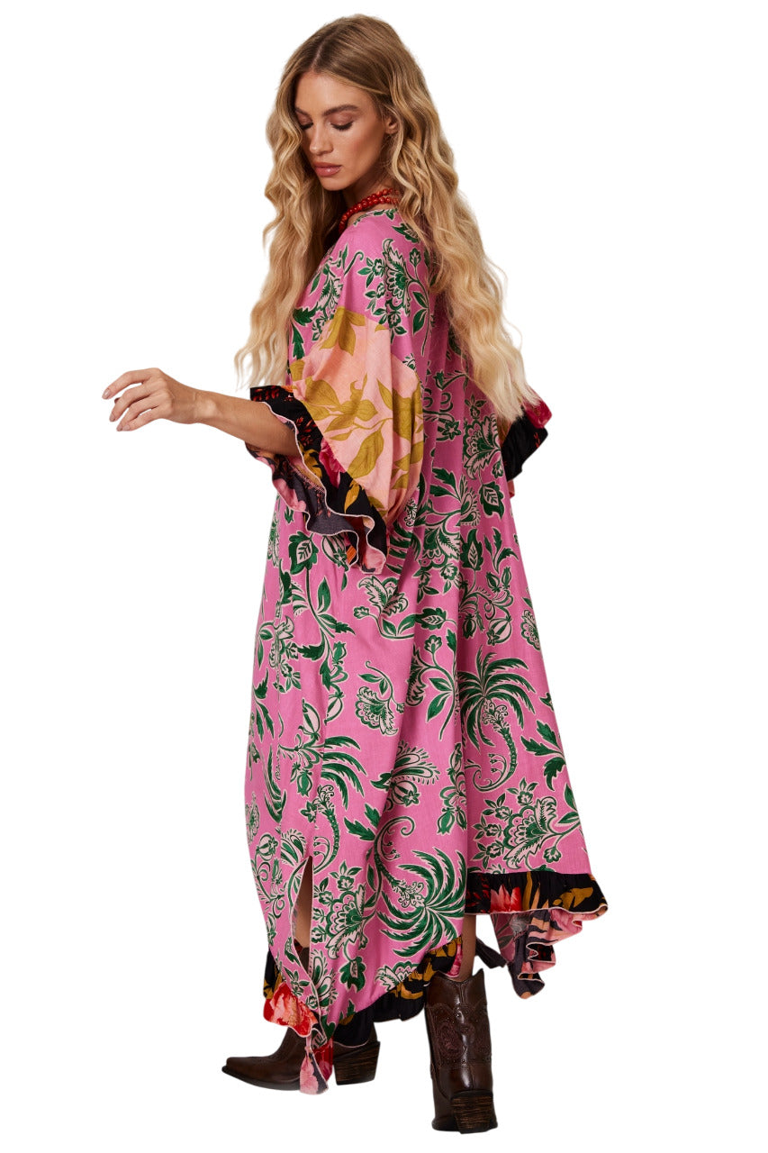 Yacamim J2 Loose Kaftan with Printed Rose Patchwork