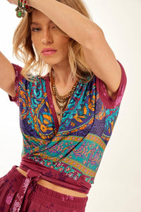 Purple Cashmere Print Wrap Cropped Top with Short Sleeves Yacamim