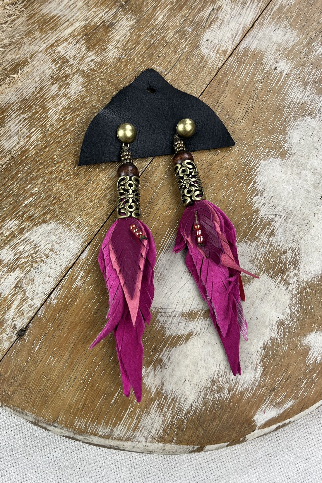 Handmade Pink Leather Earring with Crafted Metal Yacamim #154