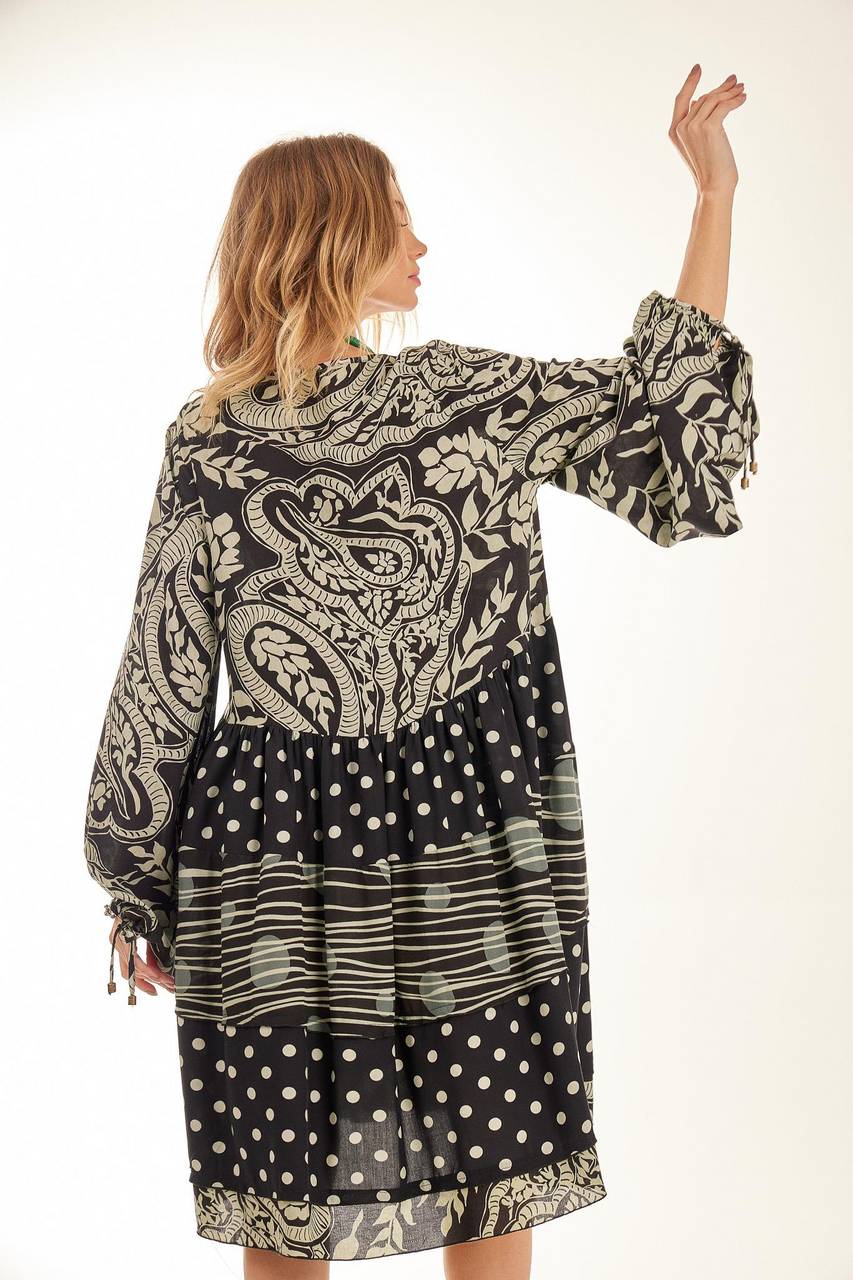 Black Yacamim Patchwork Short Dress with Puff Long Sleeves