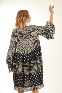Black Yacamim Patchwork Short Dress with Puff Long Sleeves