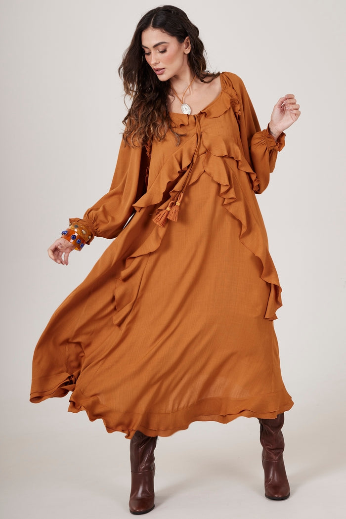 Yacamim D9 Plain Caramel Off-the-Shoulder Long Dress