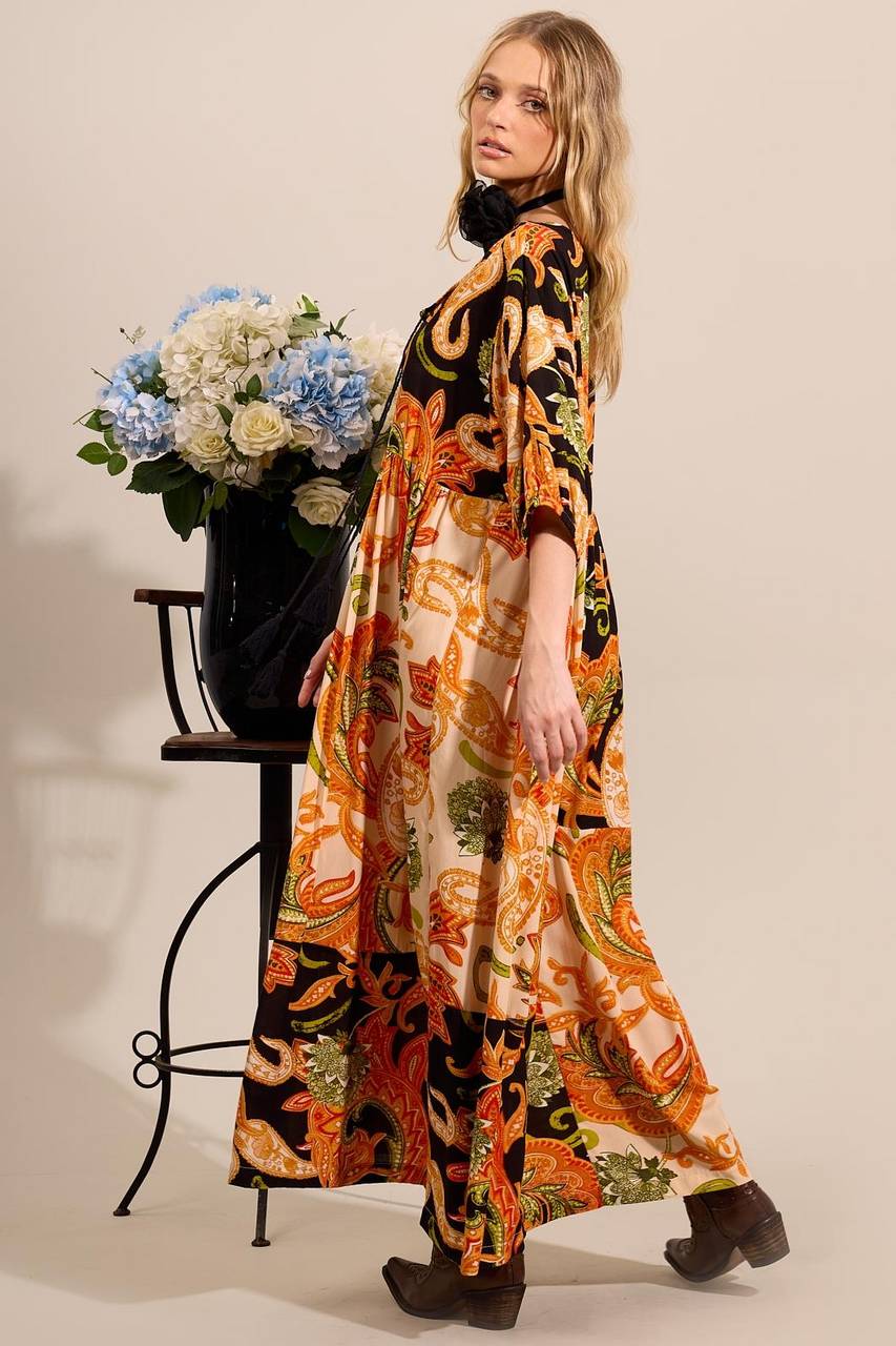 Yacamim Patchwork Print Orange 3/4 Sleeve Midi Dress