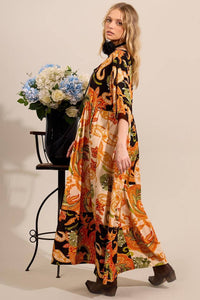 Yacamim Patchwork Print Orange 3/4 Sleeve Midi Dress