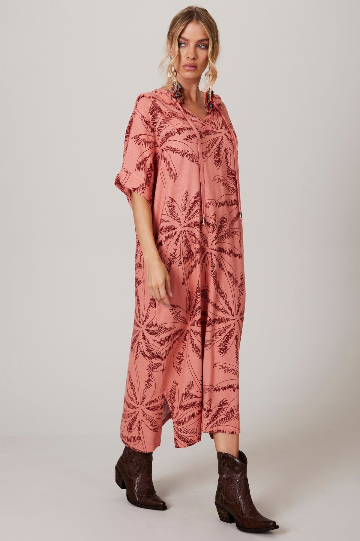 Yacamim C25 Pink Printed Hooded Linen Midi Dress