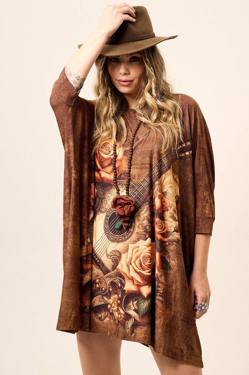 Yacamim Brown Guitar Print Loose Tunic