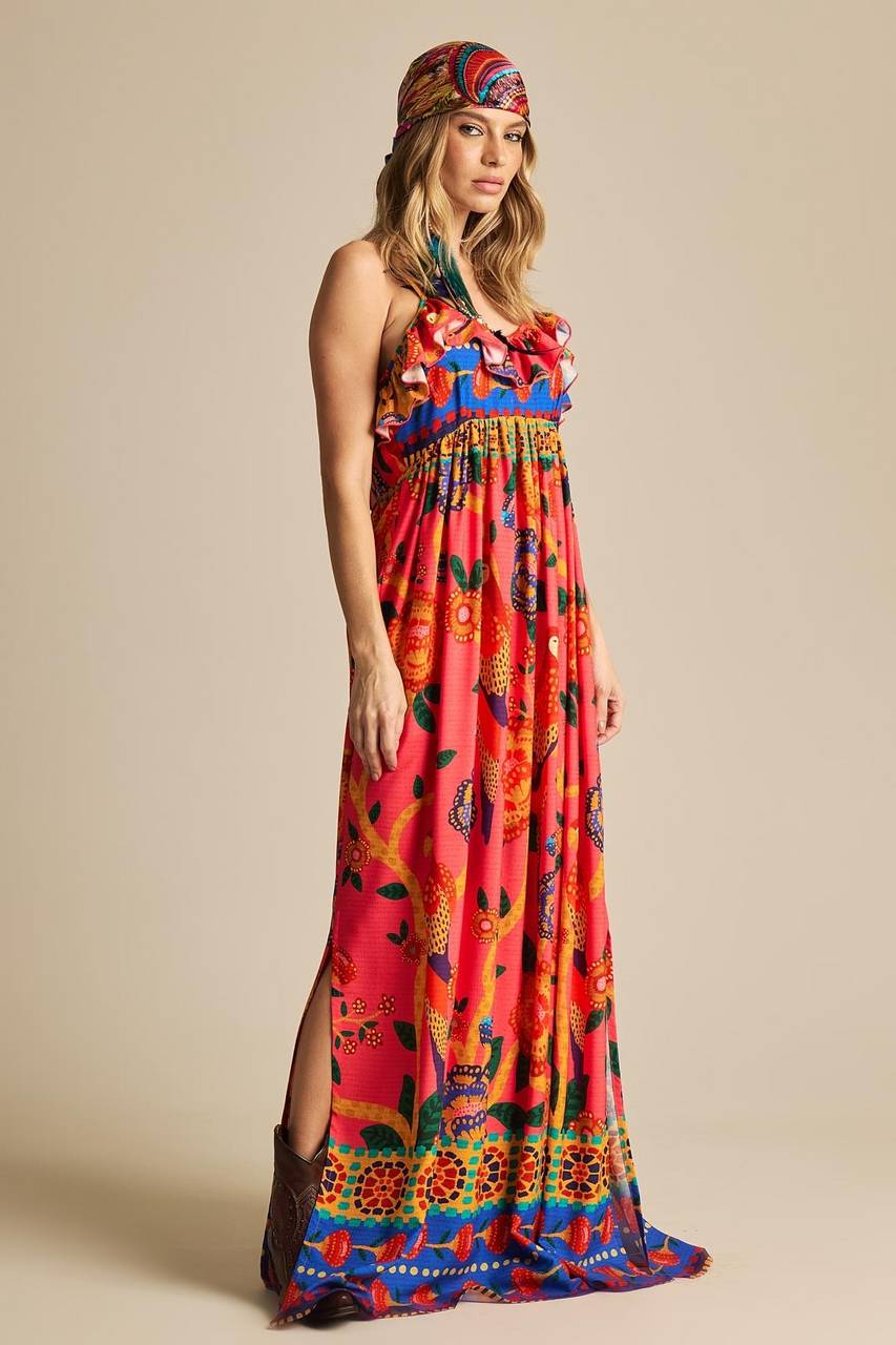 Yacamim E17 Pink Printed Long Dress with Adjustable Straps and Ruffles