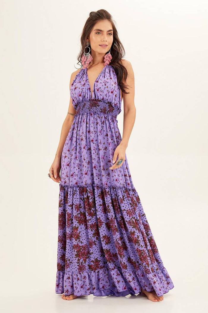 Yacamim Patchwork Purple Halter Neck Maxi Dress