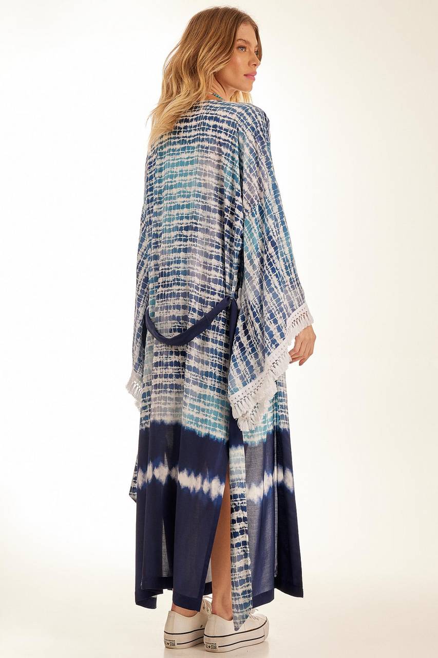 Yacamim Blue Digital Print Tie-Dye Long Kimono