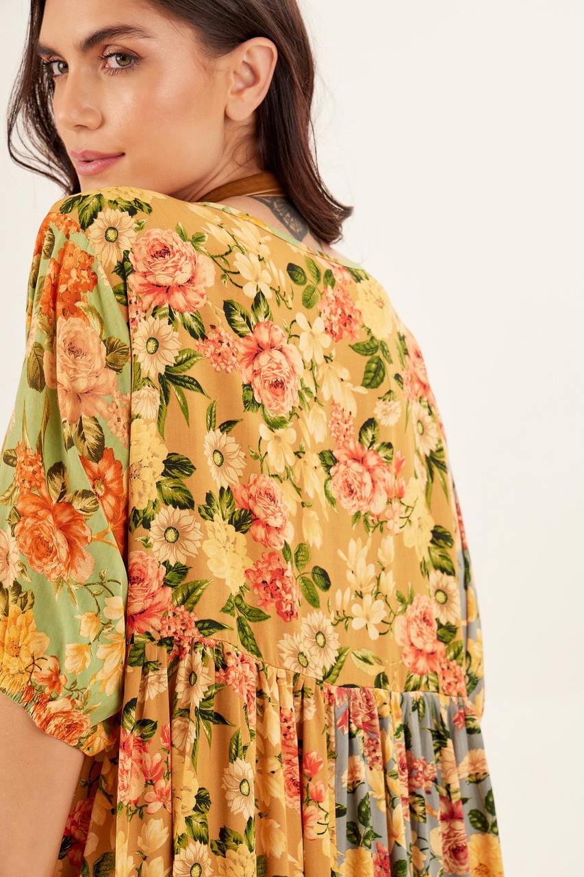 Yacamim Yellow Patchwork 3/4 Sleeve Midi Dress