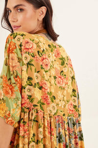 Yacamim Yellow Patchwork 3/4 Sleeve Midi Dress