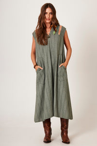 Yacamim C14 Striped Green Linen Sleeveless Midi Dress with Hood