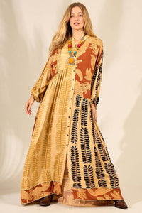 Light Brown Long Chemise Dress with Patchwork Print Yacamim