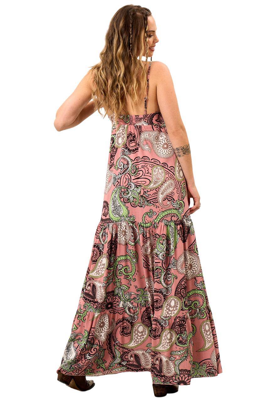 Yacamim C28 Rose Floral Print Long Dress with Adjustable Straps and Ruffles
