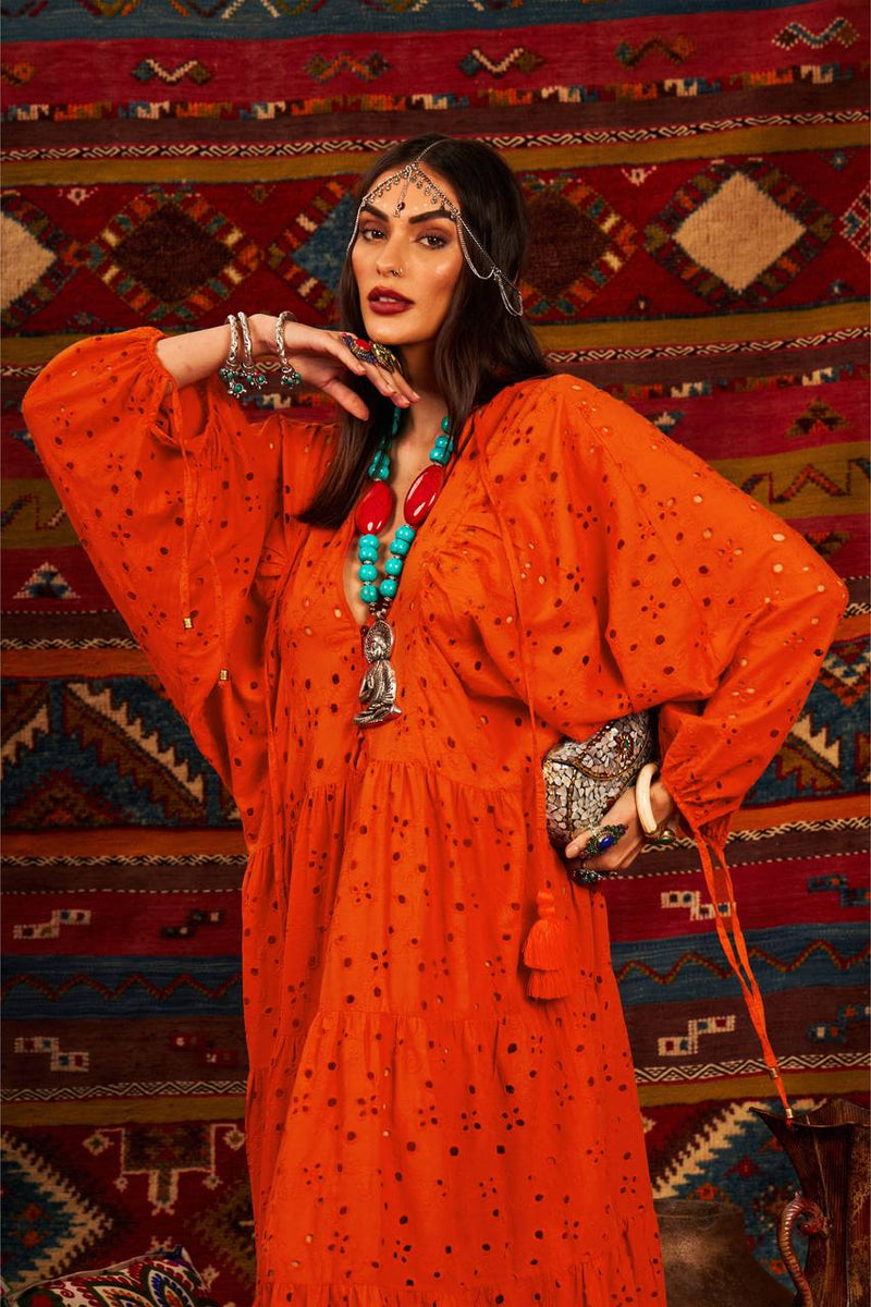 Yacamim Orange Broderie Puffed Sleeve Maxi Dress