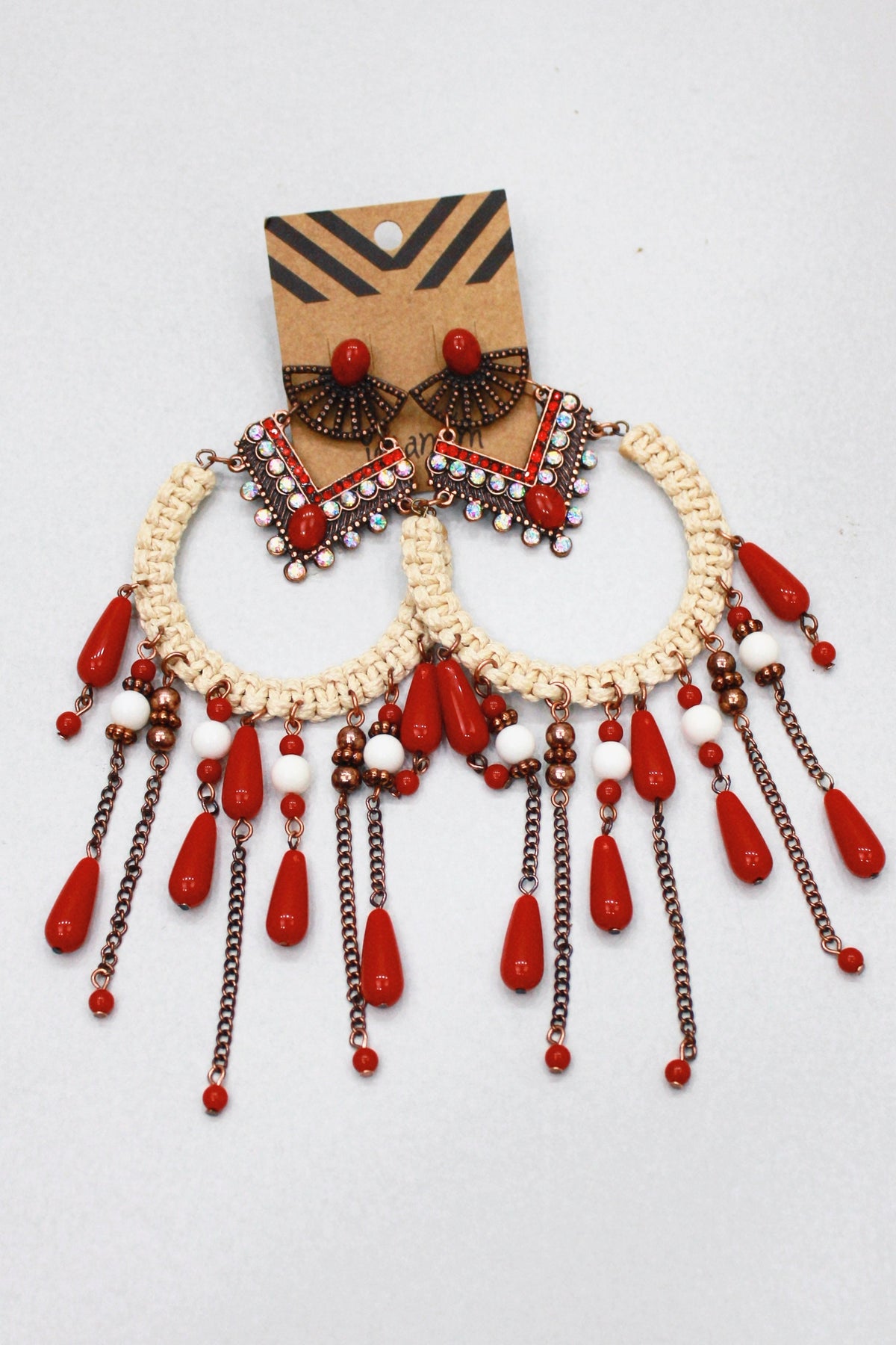 Yacamim Beige and Red Bead and Macrame Earring #407
