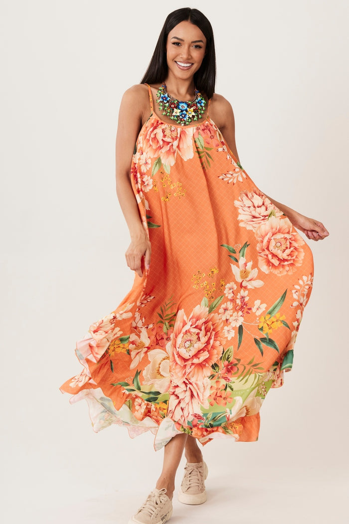 Vestido Midi Alças Reguláveis Laranja Estampado Yacamim E11