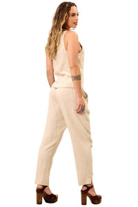 Yacamim Beige Viscose Linen Tailored Pants with Pockets