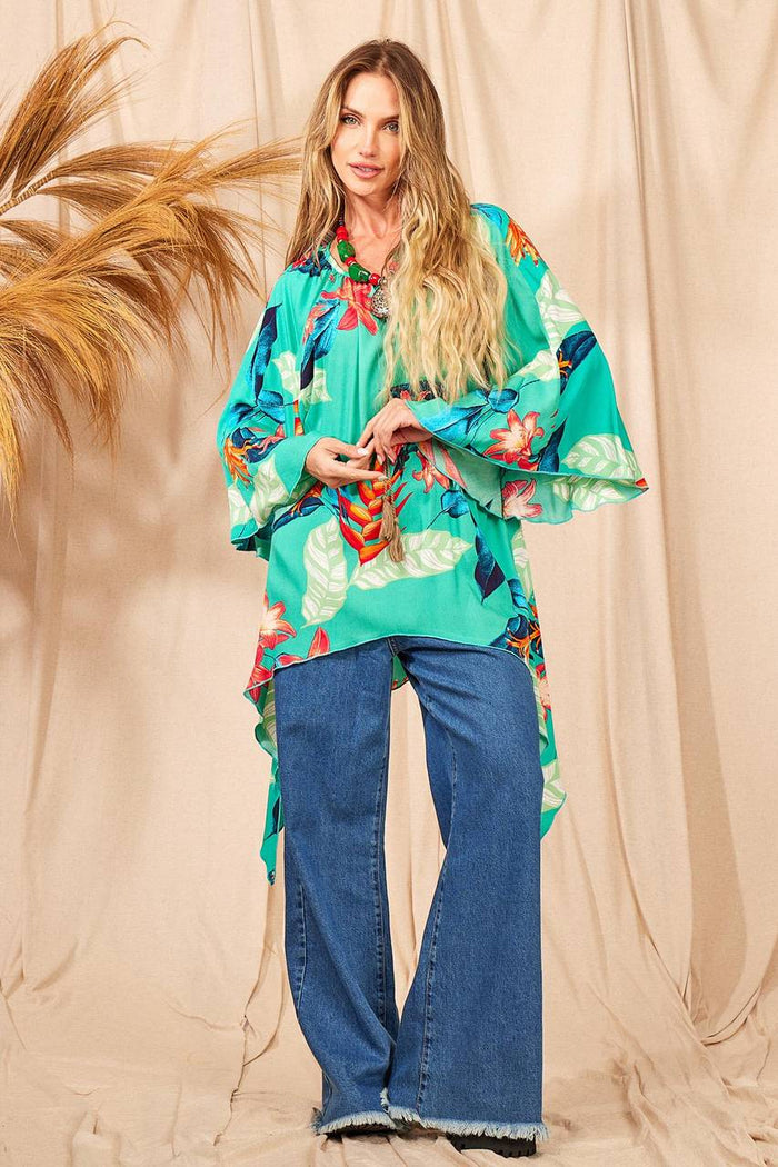 Wide Kaftan With Pointed Hem Green Printed Yacamim