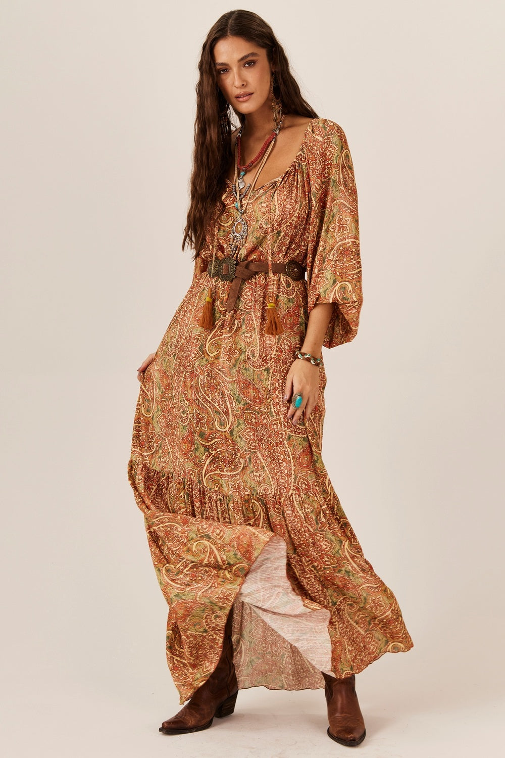 Dark Beige Paisley Lurex Long Dress Yacamim E14
