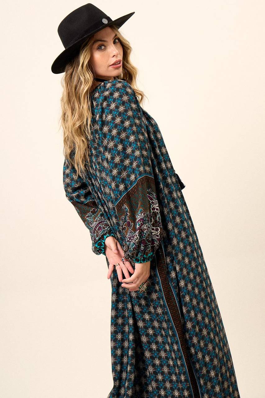 Yacamim D26 Printed Black Long Dress with Puffy Long Sleeves