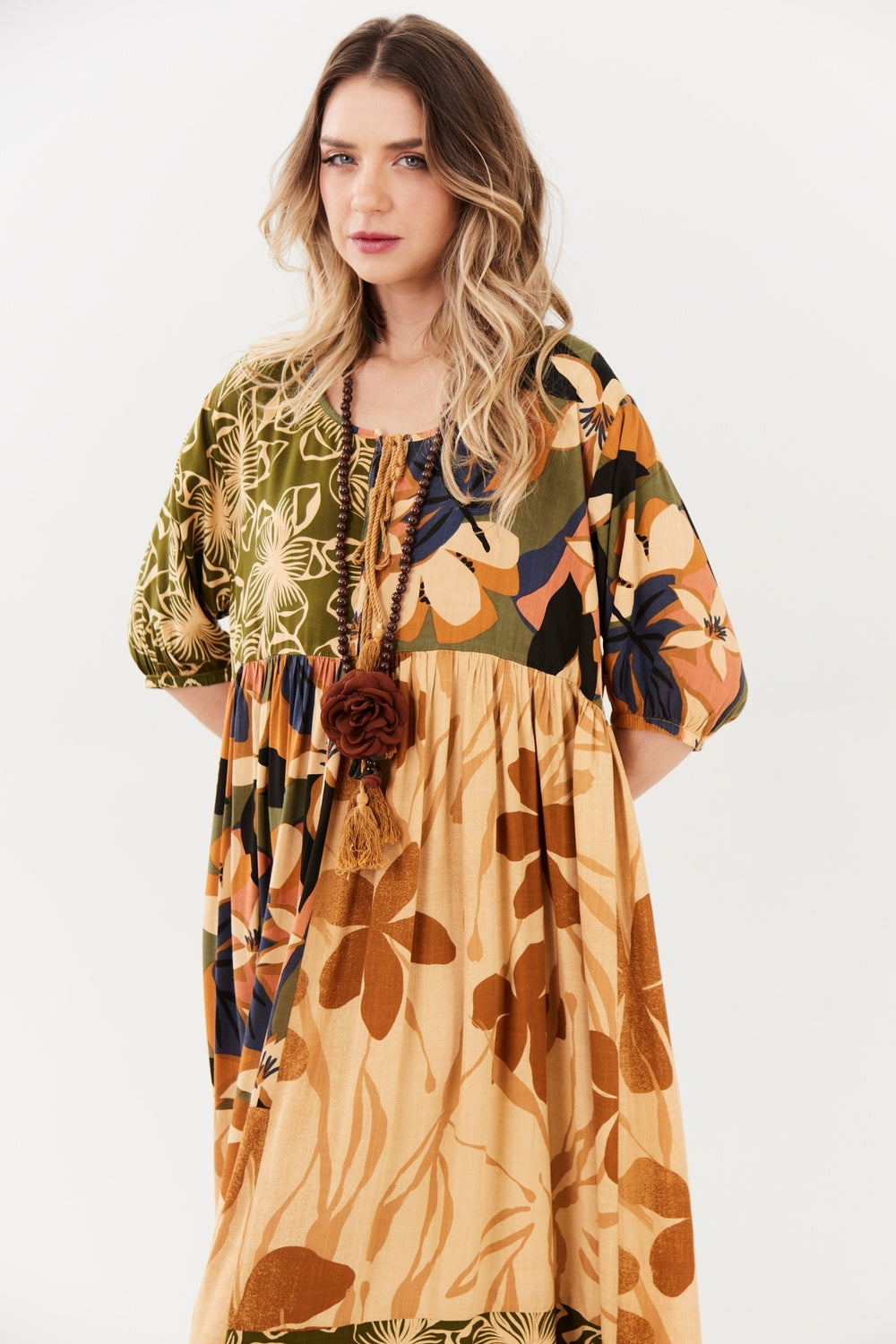 Light Brown Patchwork Midi Dress Yacamim C1