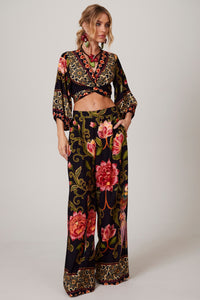 Yacamim A33 Black Printed Wide-Leg Pants with Pockets