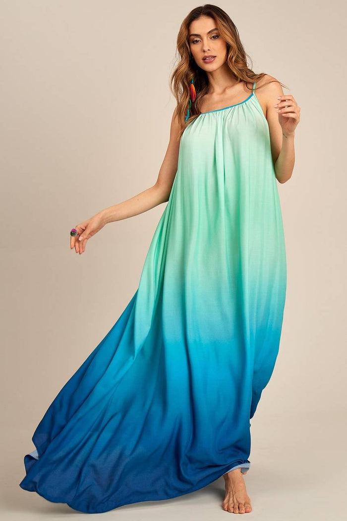 Yacamim Ombre Green and Blue Open-Back Loose Maxi Dress