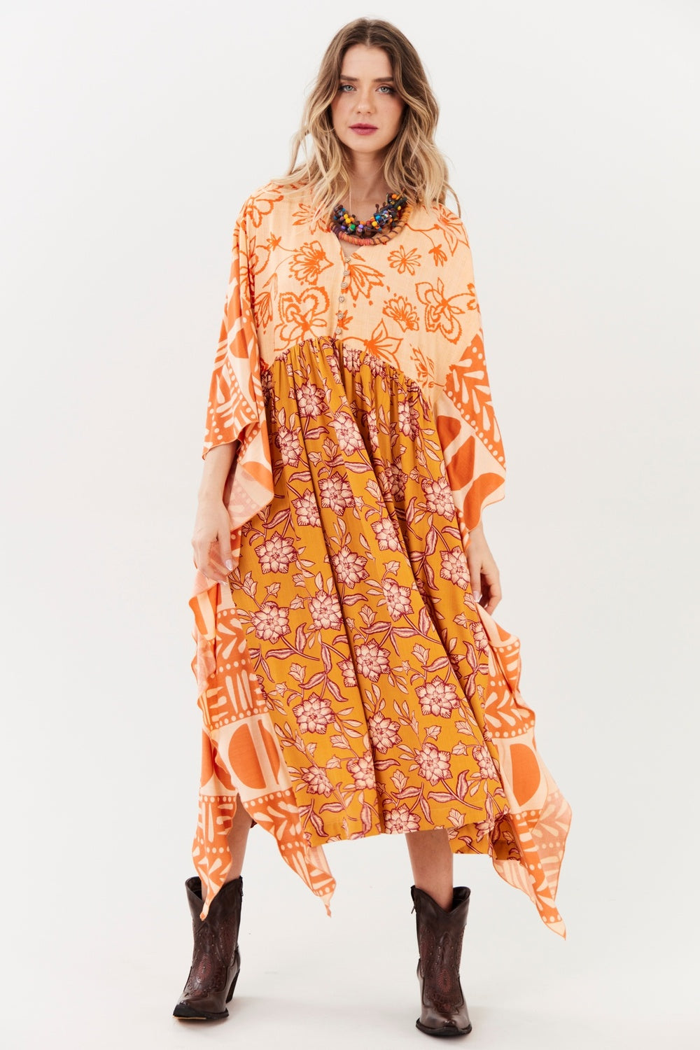 Yacamim I3 Orange Printed Patchwork Loose Midi Kaftan