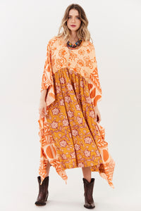 Yacamim I3 Orange Printed Patchwork Loose Midi Kaftan