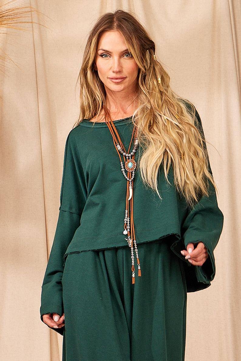 Yacamim Dark Green Wide Cropped Blouse with Long Sleeves