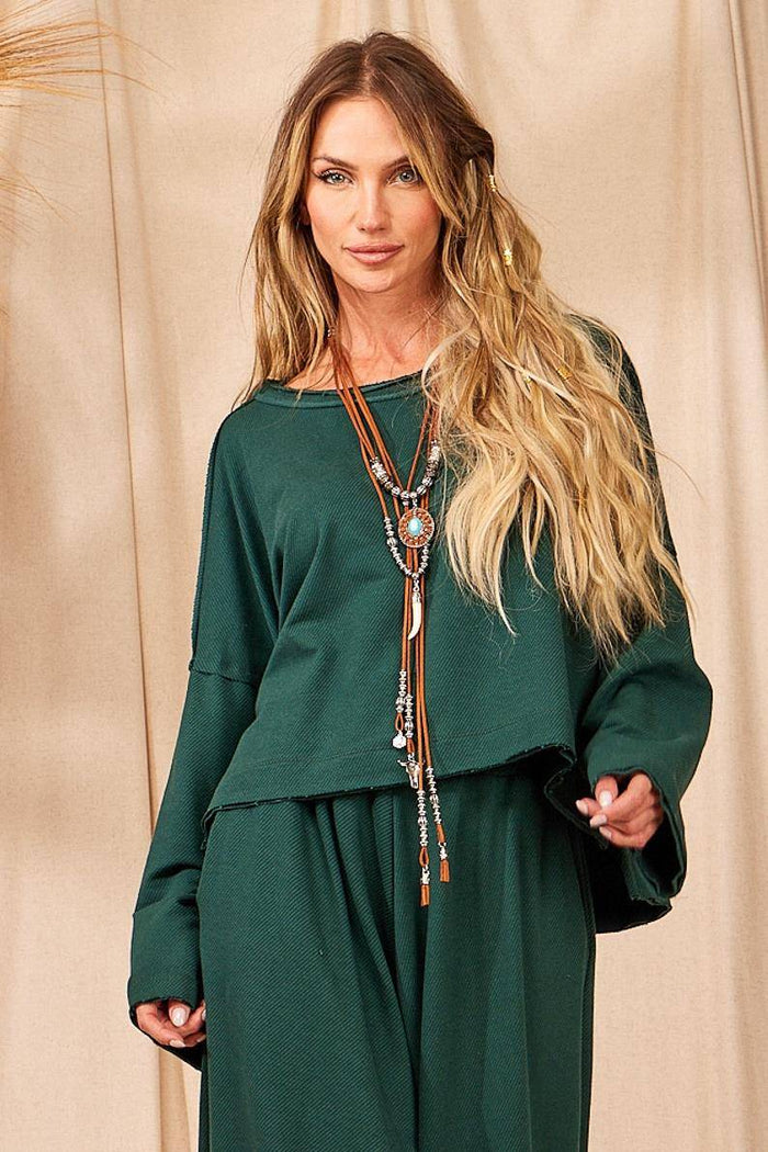 Yacamim Dark Green Wide Cropped Blouse with Long Sleeves