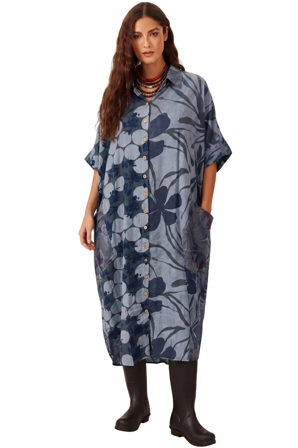 Chemise Ampla Estampada Com Bolsões Azul Petróleo Yacamim P7
