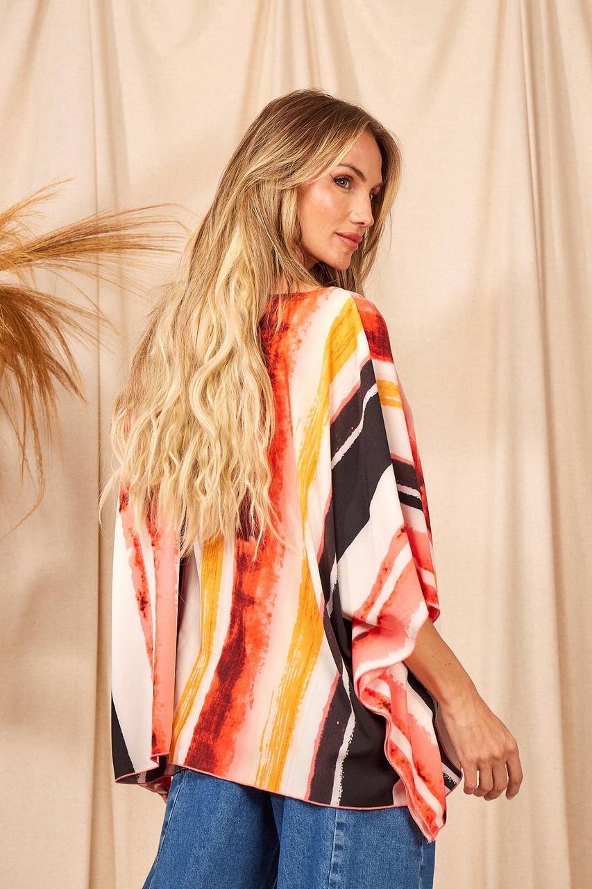 Yacamim Printed Striped V-Neck Loose Tunic