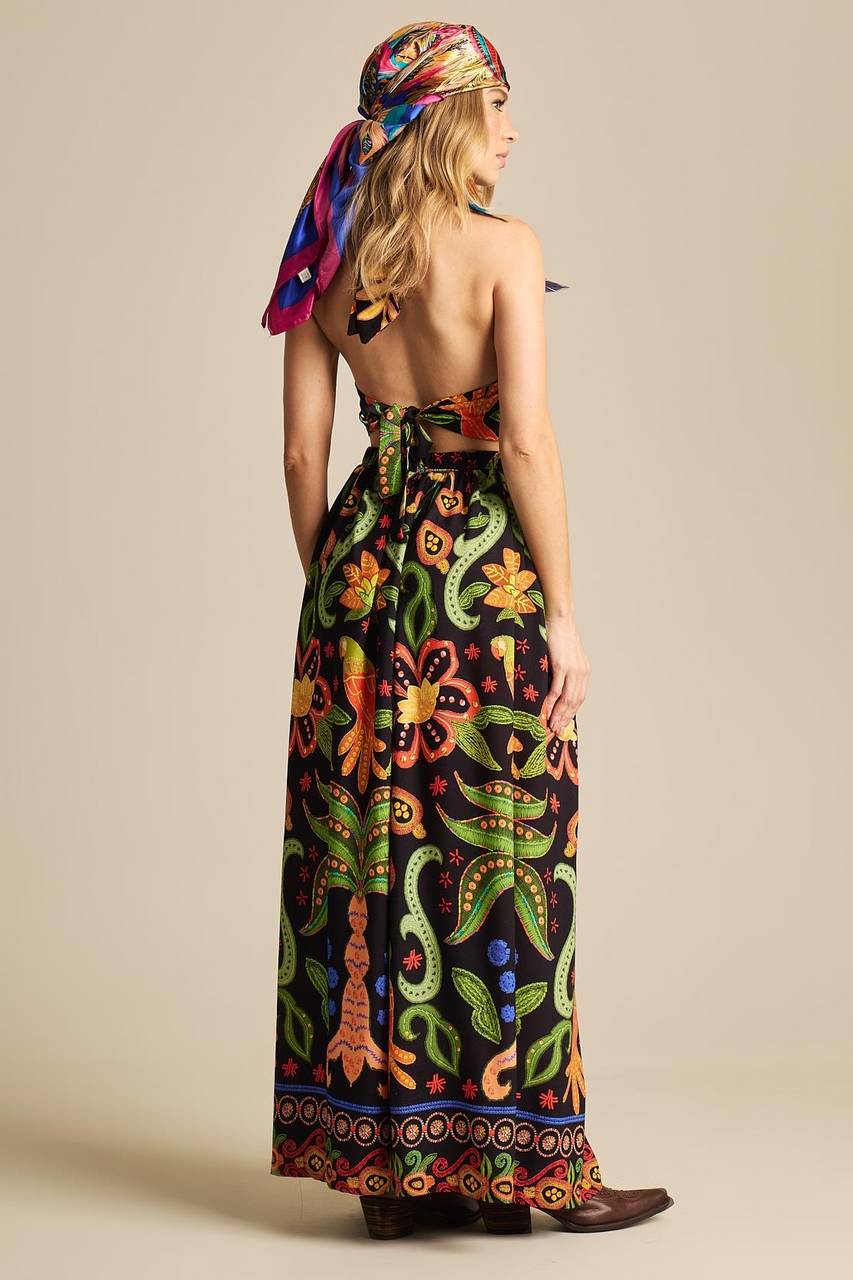 Long Skirt with Elastic Waist Black Printed Yacamim A25
