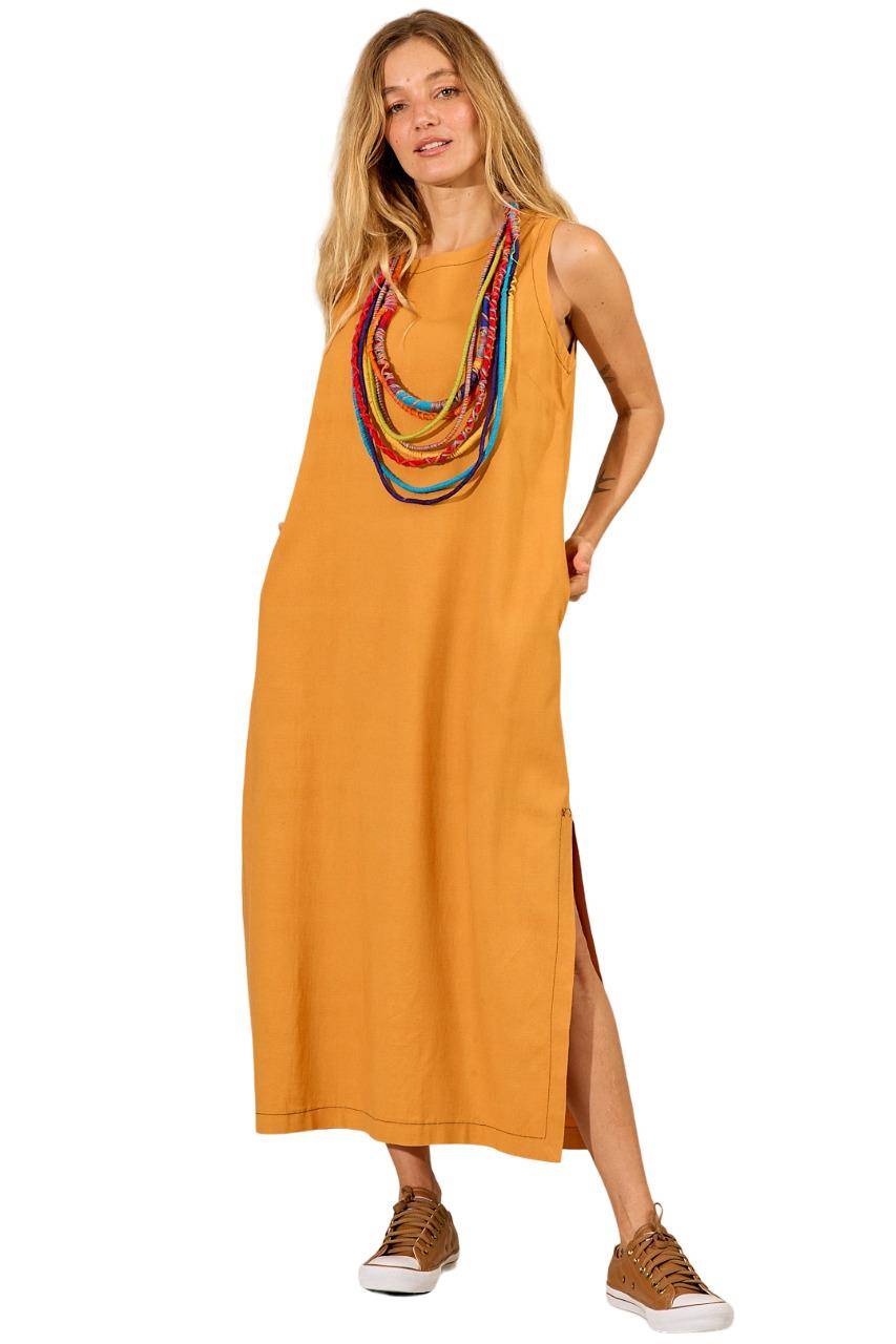 Yacamim E23 Mustard Linen Tank Midi Dress