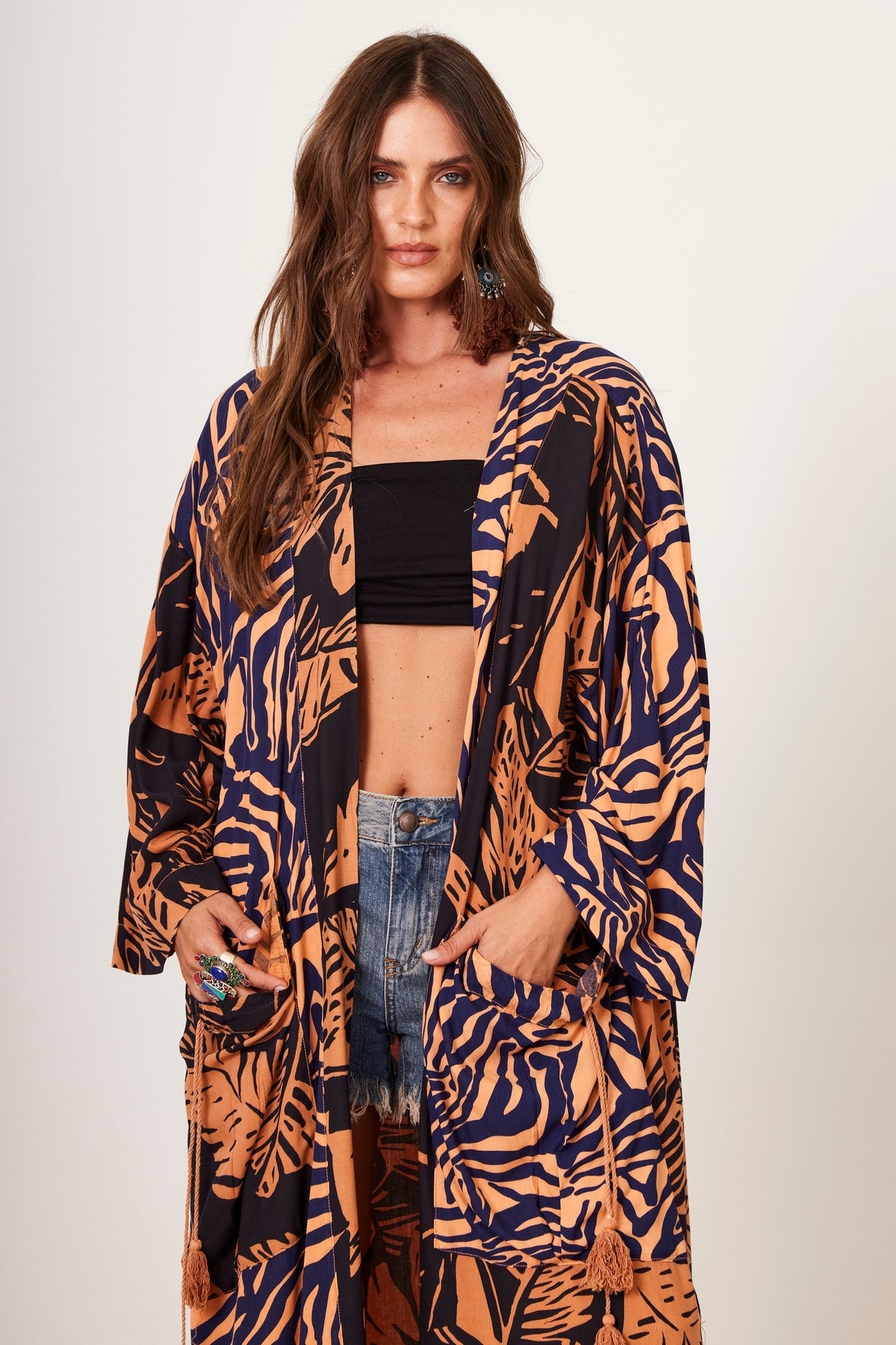 Yacamim J3 Light Brown and Black Printed Long Kimono with Pockets