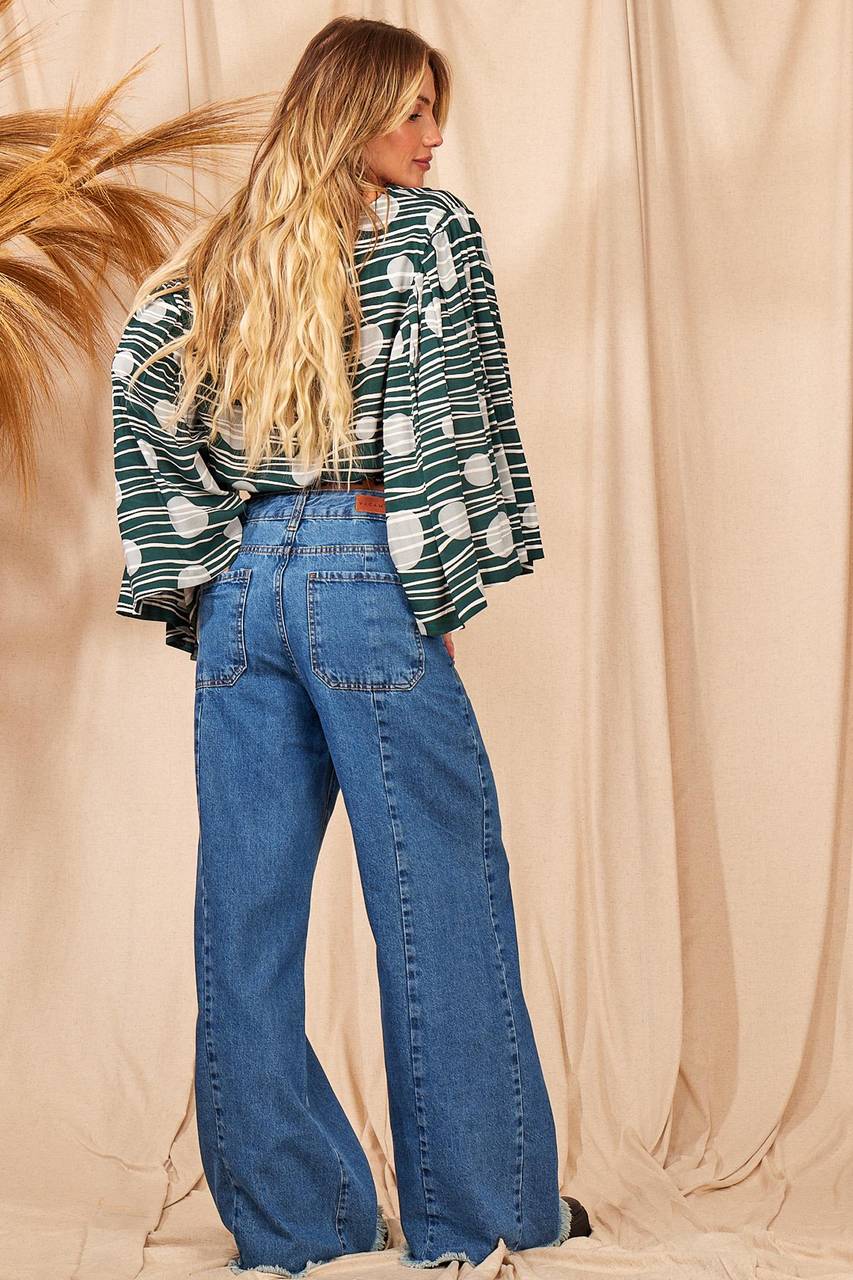 Yacamim Green Printed Cropped Smocked Blouse