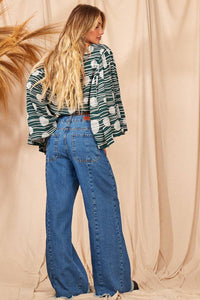 Yacamim Green Printed Cropped Smocked Blouse
