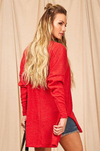 Yacamim Red Ribbed Basic Top With Fitted Long Sleeves