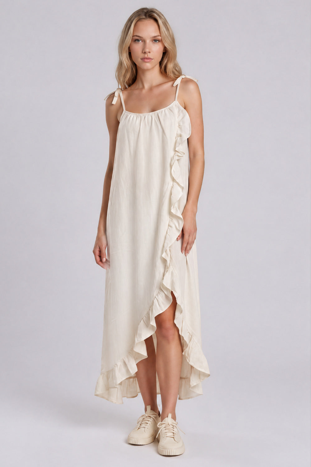 Vestido Mullet Com Babados Bege Nature Yacamim D12