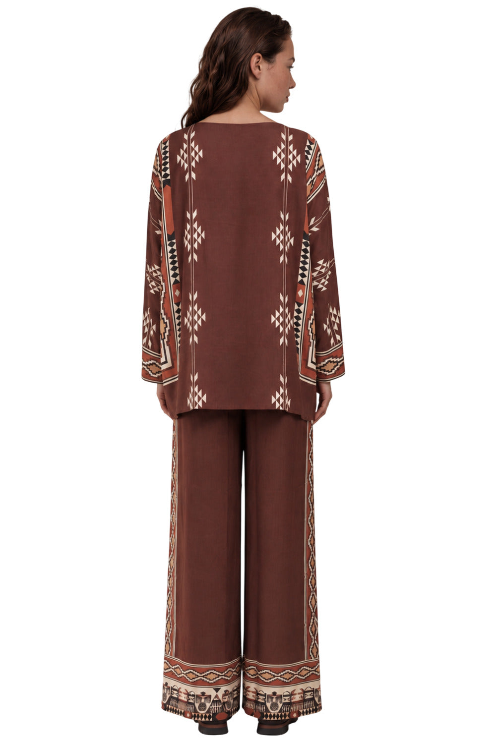 Calça Pantalona Marrom Estampada Coleção Peru Yacamim L9