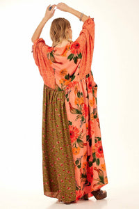 Yacamim Pink Patchwork Loose Long Dress with Puffed Sleeves