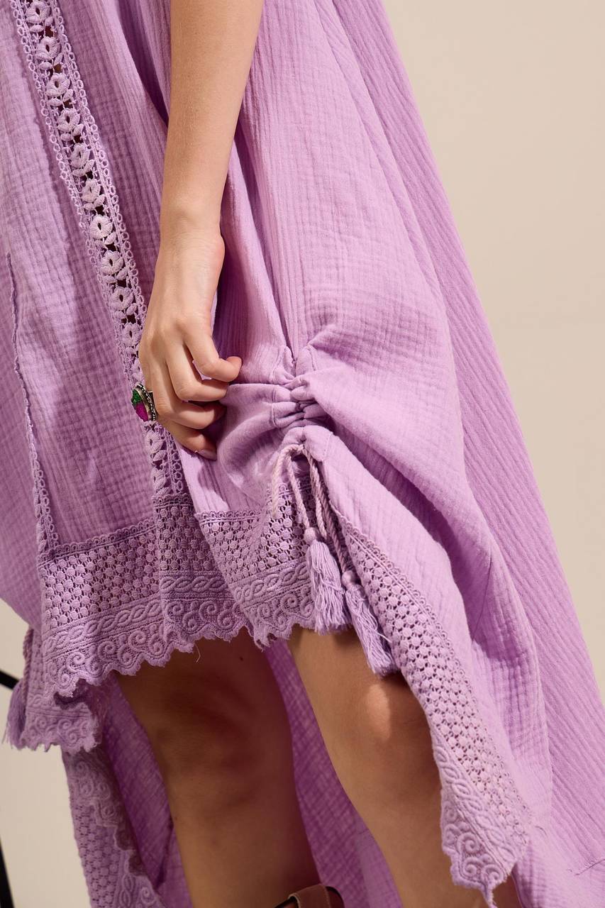 Vestido Regata Mullet Com Rendas Guipure Lilás Yacamim C18