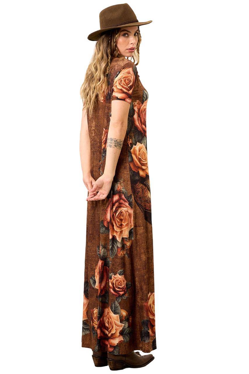 Brown Short-Sleeve Long Dress with Guitar Print Yacamim E11