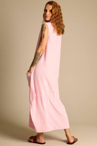 Yacamim E22 Light Pink Sleeveless Turtleneck Long Dress with Pockets