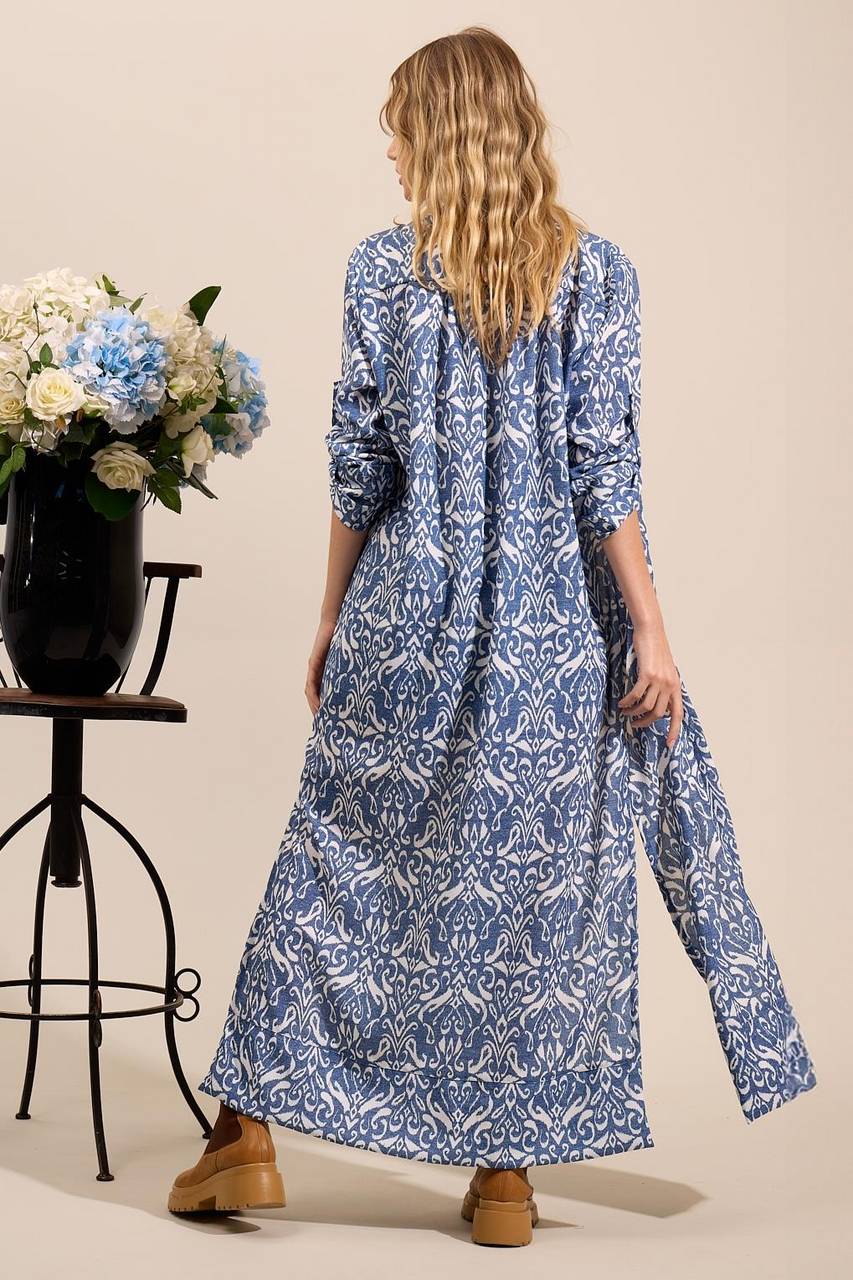 Yacamim N4 Blue Printed Long Shirt Dress with Slits