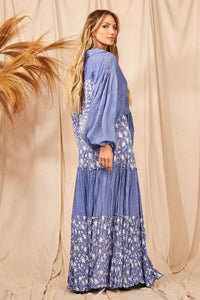 Yacamim E14 Blue Patchwork Loose Blouse with Puffy Long Sleeves
