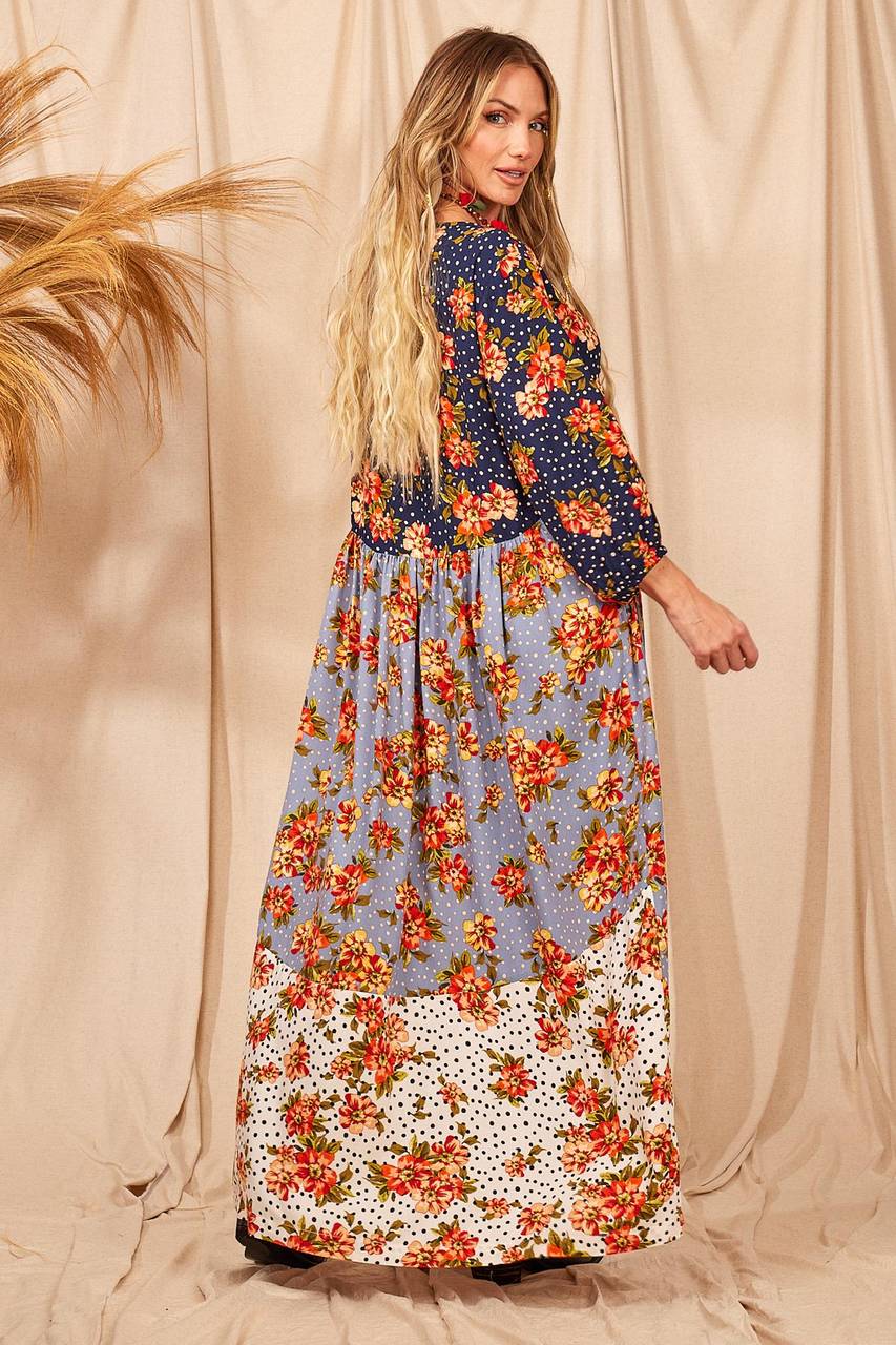 Yacamim D6 Long Patchwork Dress with Puffy Long Sleeves